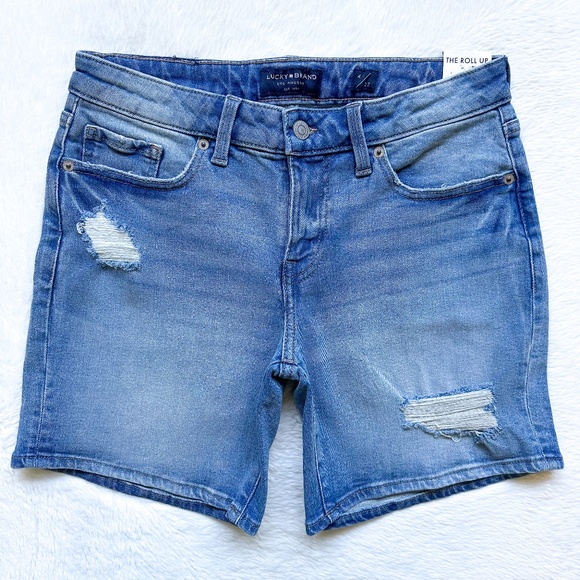 Lucky Brand The Roll Up Distressed Midrise Stretch Denim Jean Shorts - Picture 1 of 10